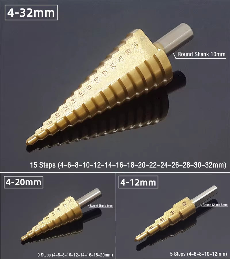 Step Drill Bit Saw Drill Bit Set Titanium 4-12 4-20 4-32Mm Wood Metal Hole Cutter Cone Drills Drilling Tool 3 6 8Mm Twist Drill