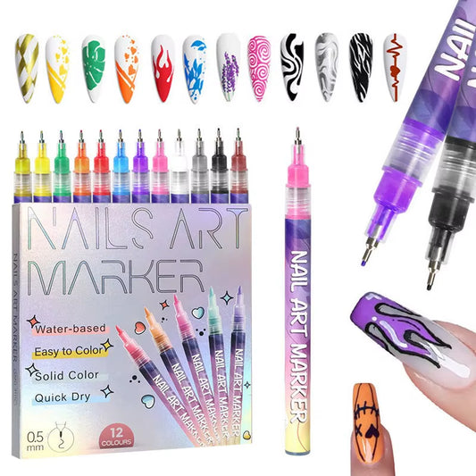 Box of 12Pcs Nail Art Drawing Graffiti Pen Gel Pencil 0.5Mm Waterproof Painting Liner Brush Quick-Dry Nail Marker DIY Manicure