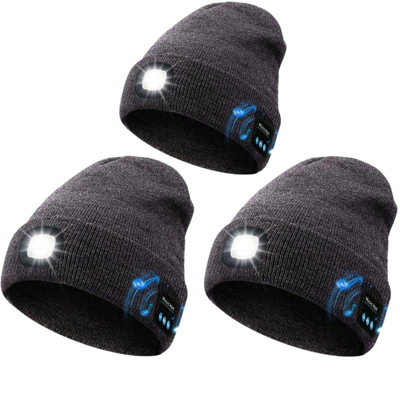 Bluetooth Beanie with Light, Unisex USB Rechargeable 4 LED Fashlight Hat with Cordless Headphones, Unique Christmas Birthday Gifts for Men Husband Teen Warm Beany Knit Balaclava Outdoor Activities Skull Cap Cycling Spider Web Sport Lightweight Sweat