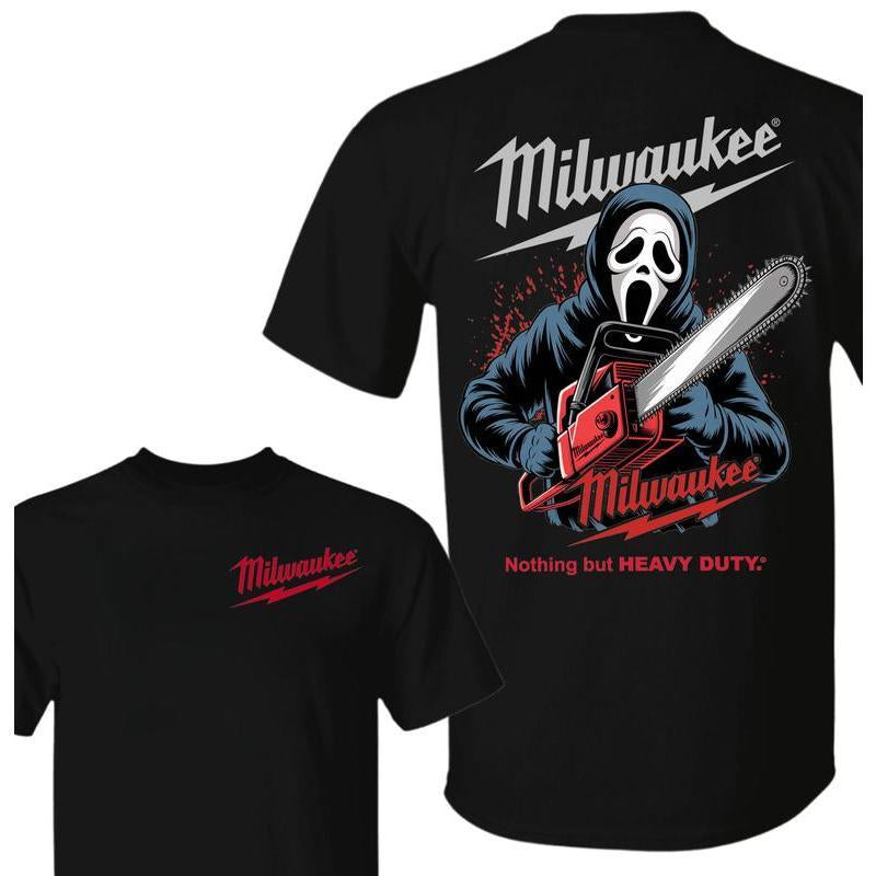 Milwaukee Tools Ghost Face with Chainsaw 2 Sided Unisex Tee – Halloween Character Graphic Cotton Unisex Shirt