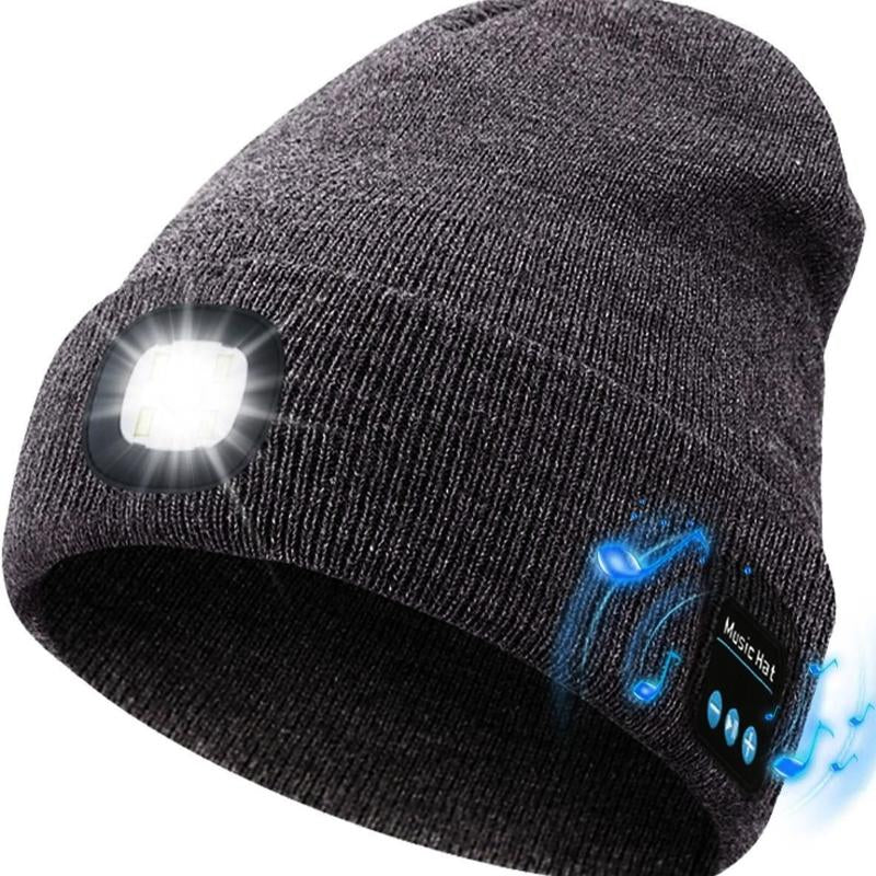 Bluetooth Beanie with Light, Unisex USB Rechargeable 4 LED Fashlight Hat with Cordless Headphones, Unique Christmas Birthday Gifts for Men Husband Teen Warm Beany Knit Balaclava Outdoor Activities Skull Cap Cycling Spider Web Sport Lightweight Sweat