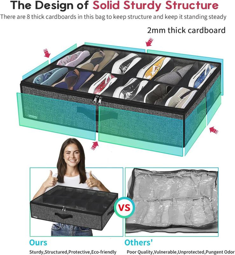 2-Piece under Bed Shoe Storage Compartment Wardrobe under Bed Shoe Storage Bag with Sturdy Side Walls and Reinforced Handles Organiser Racks