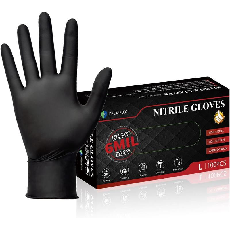 PROMEDIX P Heavy Duty Nitrile Gloves,6Mil-100 Count,Black Disposable Cooking Gloves,Latex Free,Powder Free Reusable Pet Hair Remover Glove Mil Sterile Wet & Dry Mop Pads Powder-Free