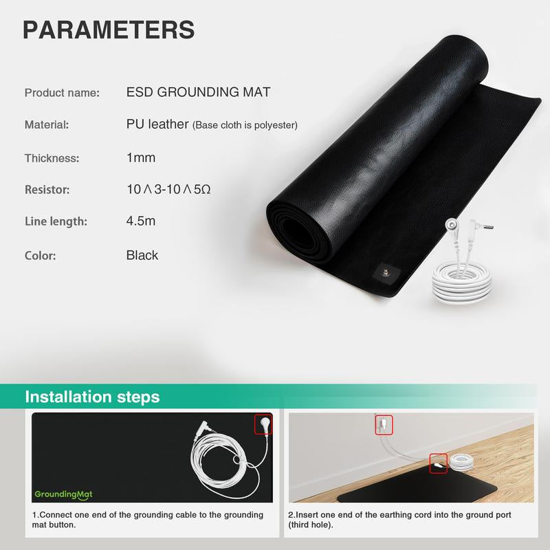 Groundbam Grounding Mat for Sleep,Earthing Mat,Black Non Slip PU Leather Grounding Mattress with Grounding Cord,Grounding Pad for Home Office