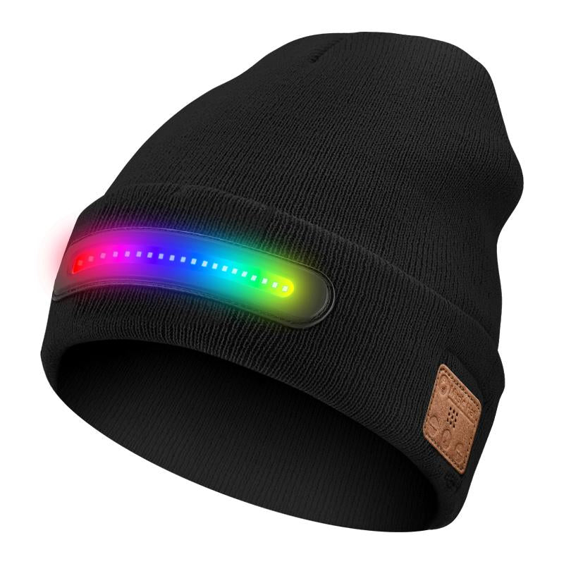Bluetooth Beanie with Light, Unisex USB Rechargeable 4 LED Fashlight Hat with Cordless Headphones, Unique Christmas Birthday Gifts for Men Husband Teen Warm Beany Knit Balaclava Outdoor Activities Skull Cap Cycling Spider Web Sport Lightweight Sweat